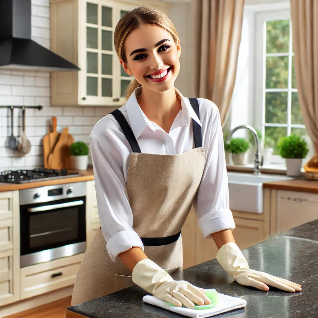 DALL·E 2025 03 07 10.47.47 A cheerful housekeeper in a professional uniform wiping a kitchen counter in a modern bright kitchen. The kitchen looks spotless and inviting with